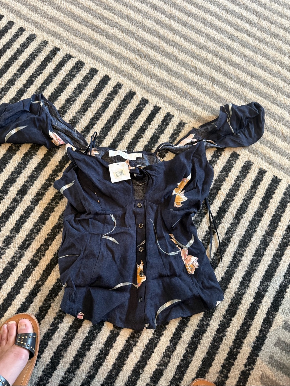 Astr Navy Floral Button-Front Blouse with Pink & Yellow Blooms
